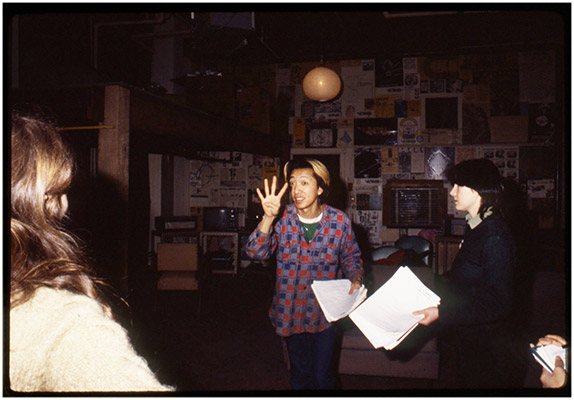 Annastacia McDonald, Paul Wong and Jeanette Reinhardt at Video Inn, working on “4” script, c. 1979, Courtesy of Paul Wong