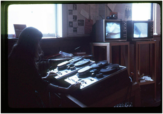 Annastacia McDonald in the editing suite, Western Front, c 1976, Courtesy of Paul Wong