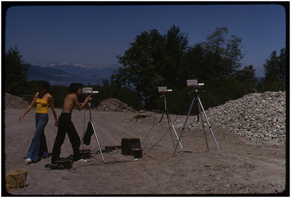 Valerie Hammer and Paul Wong on location of ‘Rock Garden’ video, UBC Museum of Anthropology, 1976, Courtesy of Paul Wong