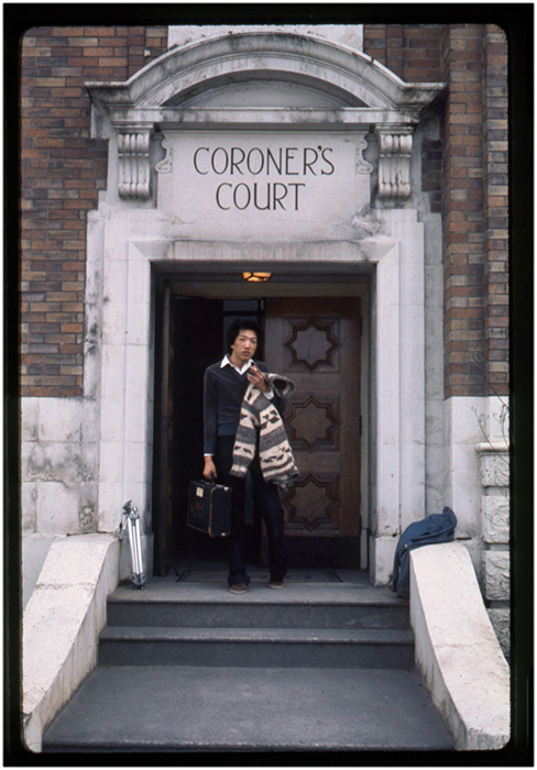 Paul Wong at the Coroners Office, 240 East Cordova Street, Vancouver, 1976, Courtesy of Paul Wong