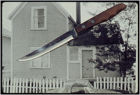 Photomontage of steak knife and murder location from the Murder Research files, 1977, Courtesy of Paul Wong