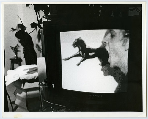 Screen shot Robert Hackett performing, High Profile Slow Scan performance, Video Inn, Vancouver and CN Tower, Toronto, October 13, 1978, Courtesy of Paul Wong